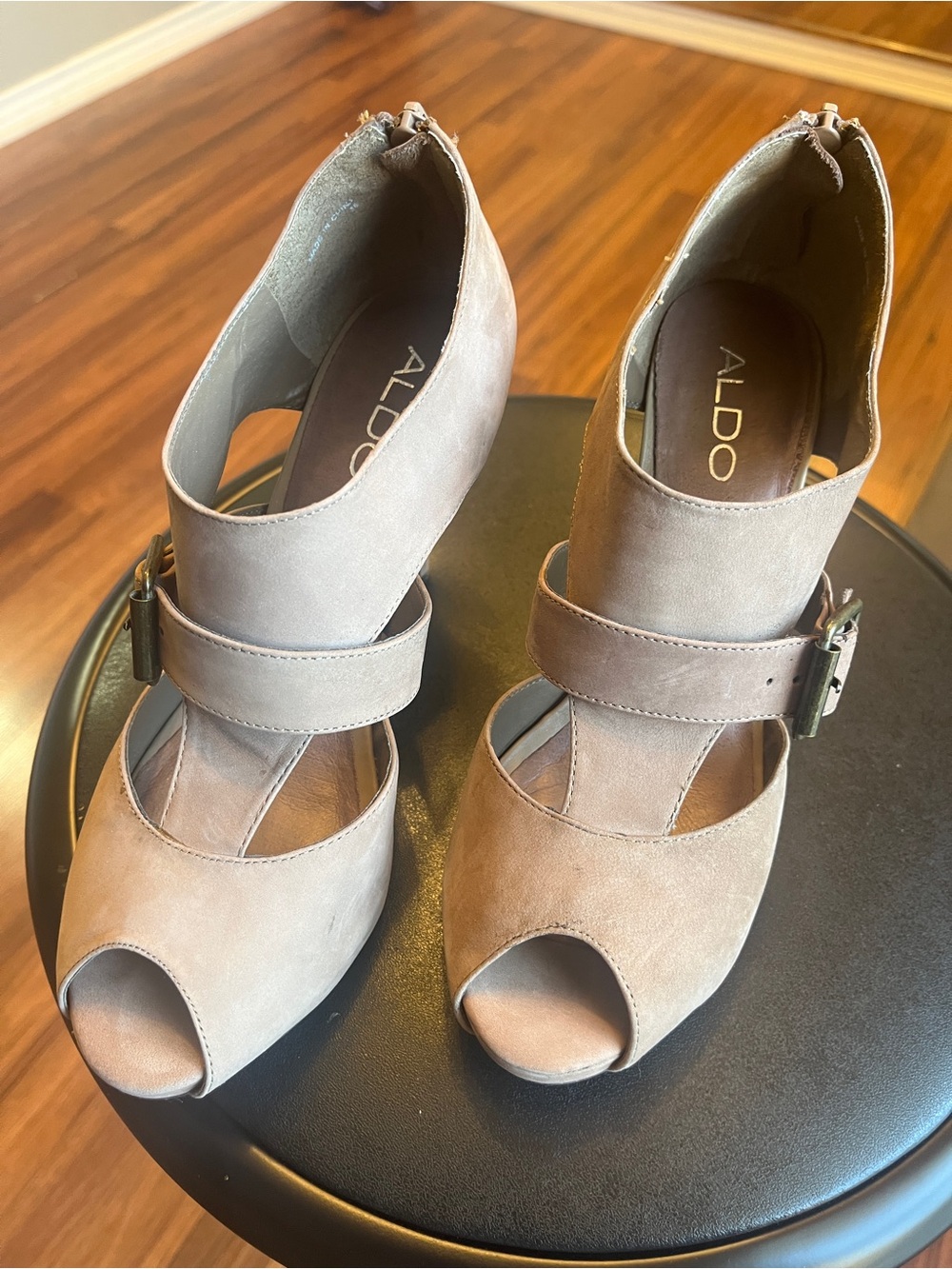 ALDO Taupe Suede Open-Toe Strap Heels